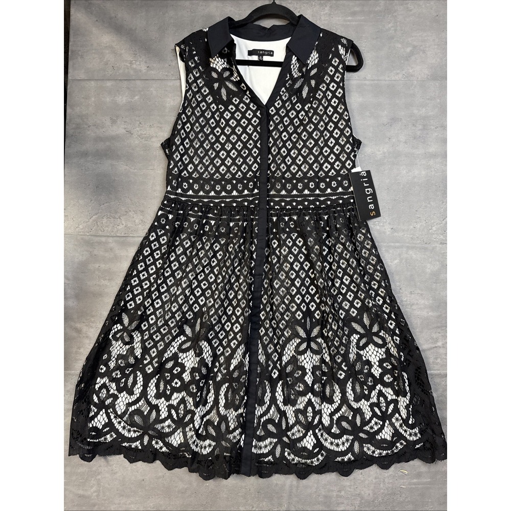 NWT sleeveless Sangria black & white geometric lace dress Collar Button Front 16